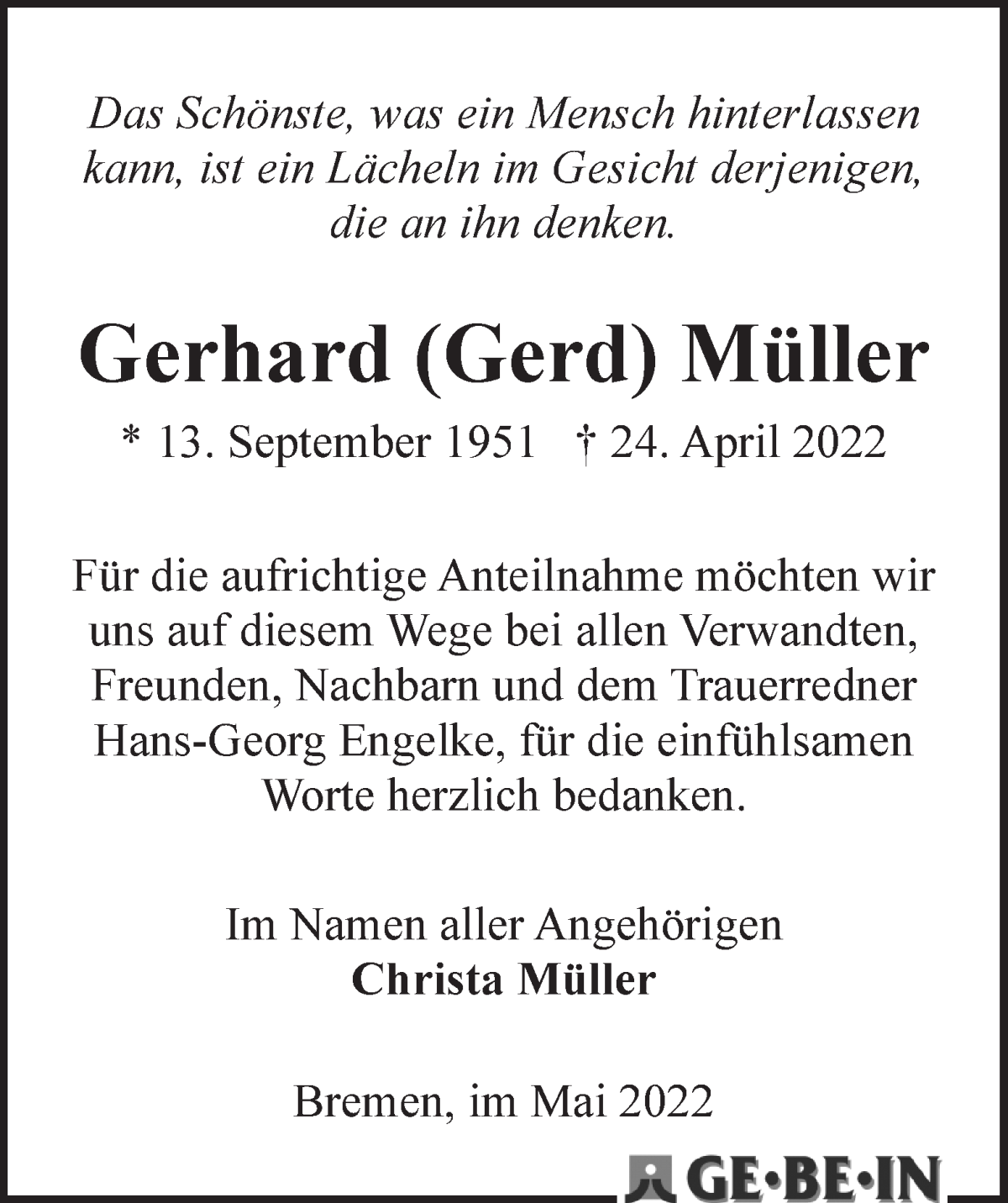 Traueranzeige von Gerhard Müller von WESER-KURIER