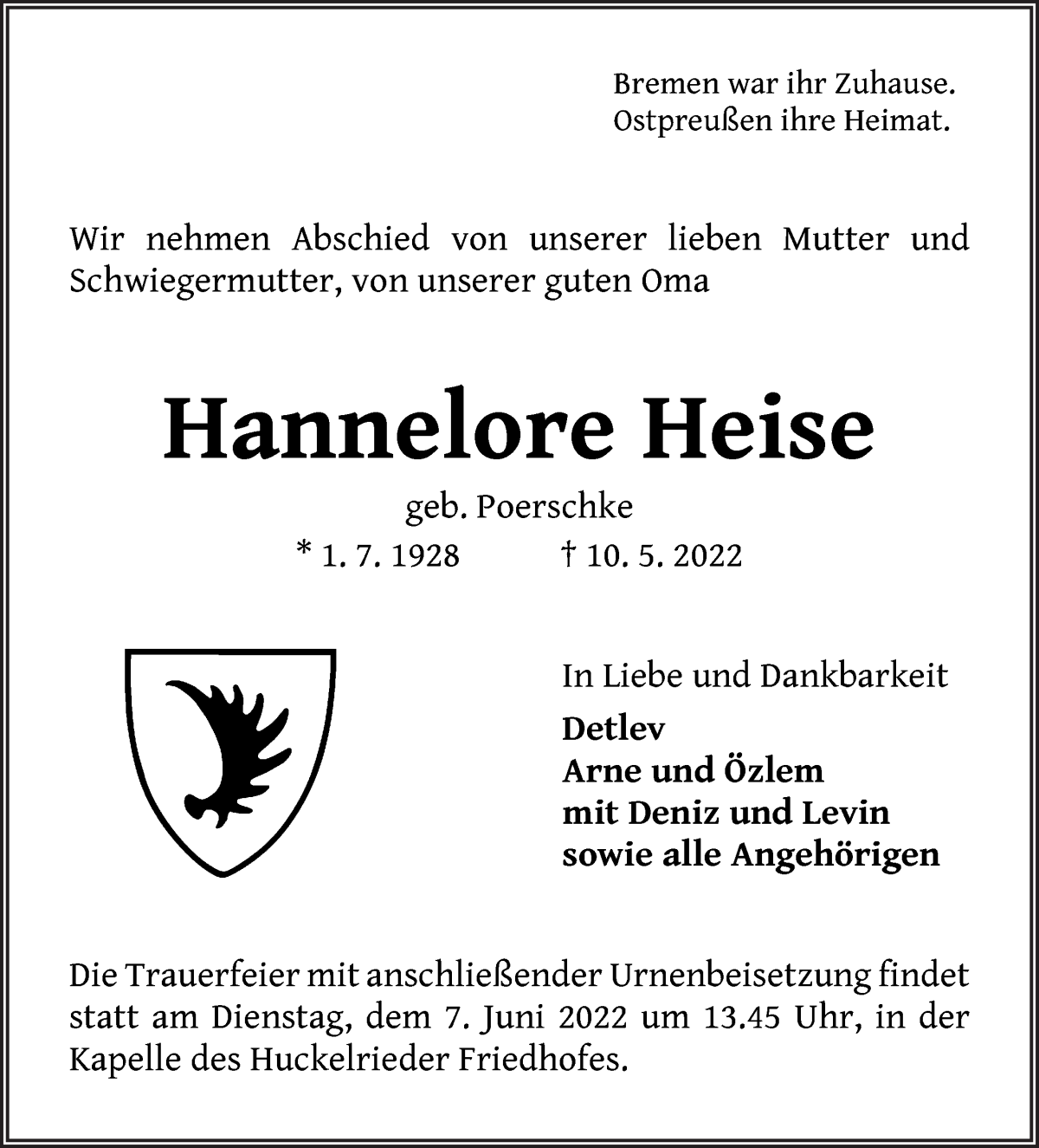  Traueranzeige für Hannelore Heise vom 21.05.2022 aus WESER-KURIER