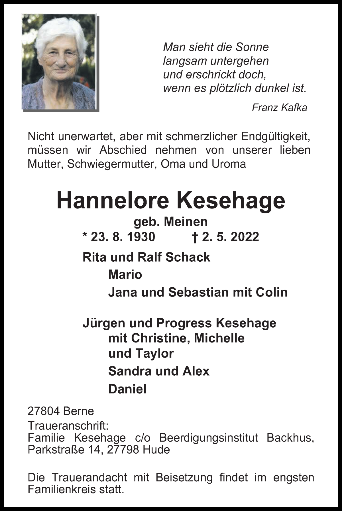  Traueranzeige für Hannelore Kesehage vom 07.05.2022 aus Die Norddeutsche