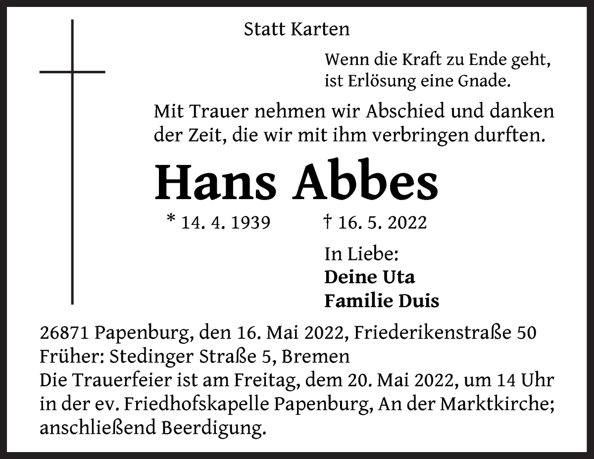  Traueranzeige für Hans Abbes vom 18.05.2022 aus WESER-KURIER