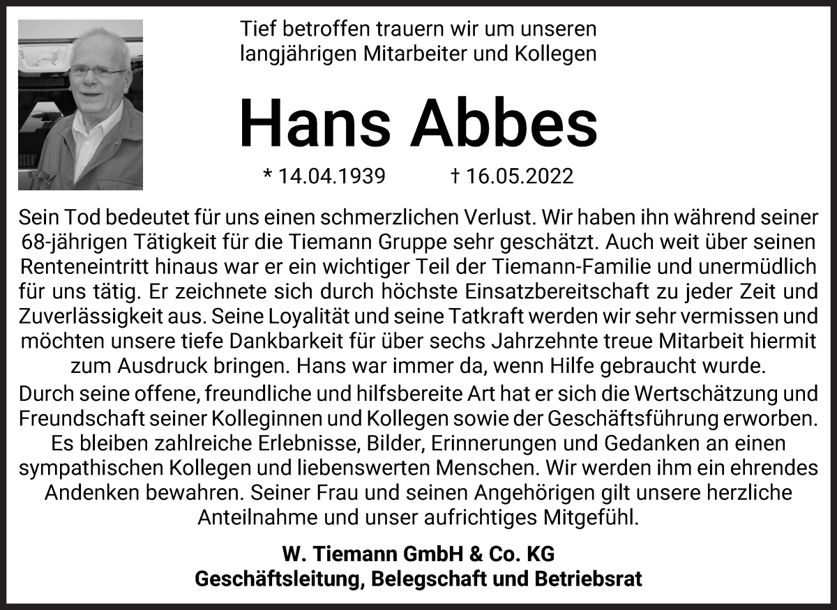  Traueranzeige für Hans Abbes vom 19.05.2022 aus WESER-KURIER