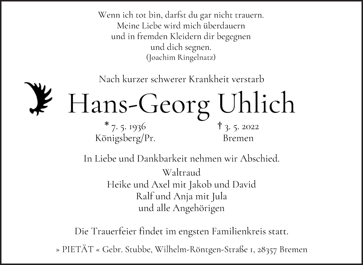 Traueranzeige für Hans-Georg Uhlich vom 07.05.2022 aus WESER-KURIER
