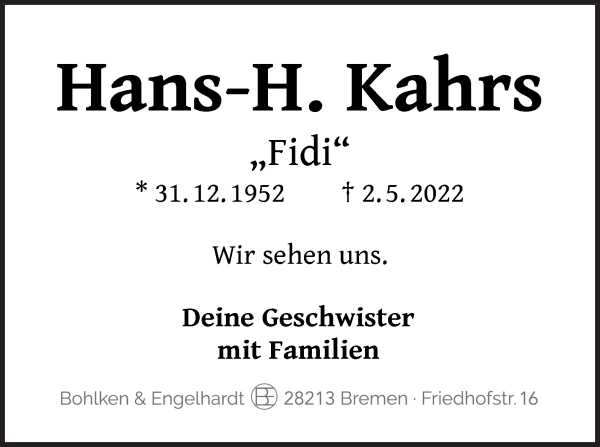 Traueranzeige von Hans- H. Kahrs von WESER-KURIER