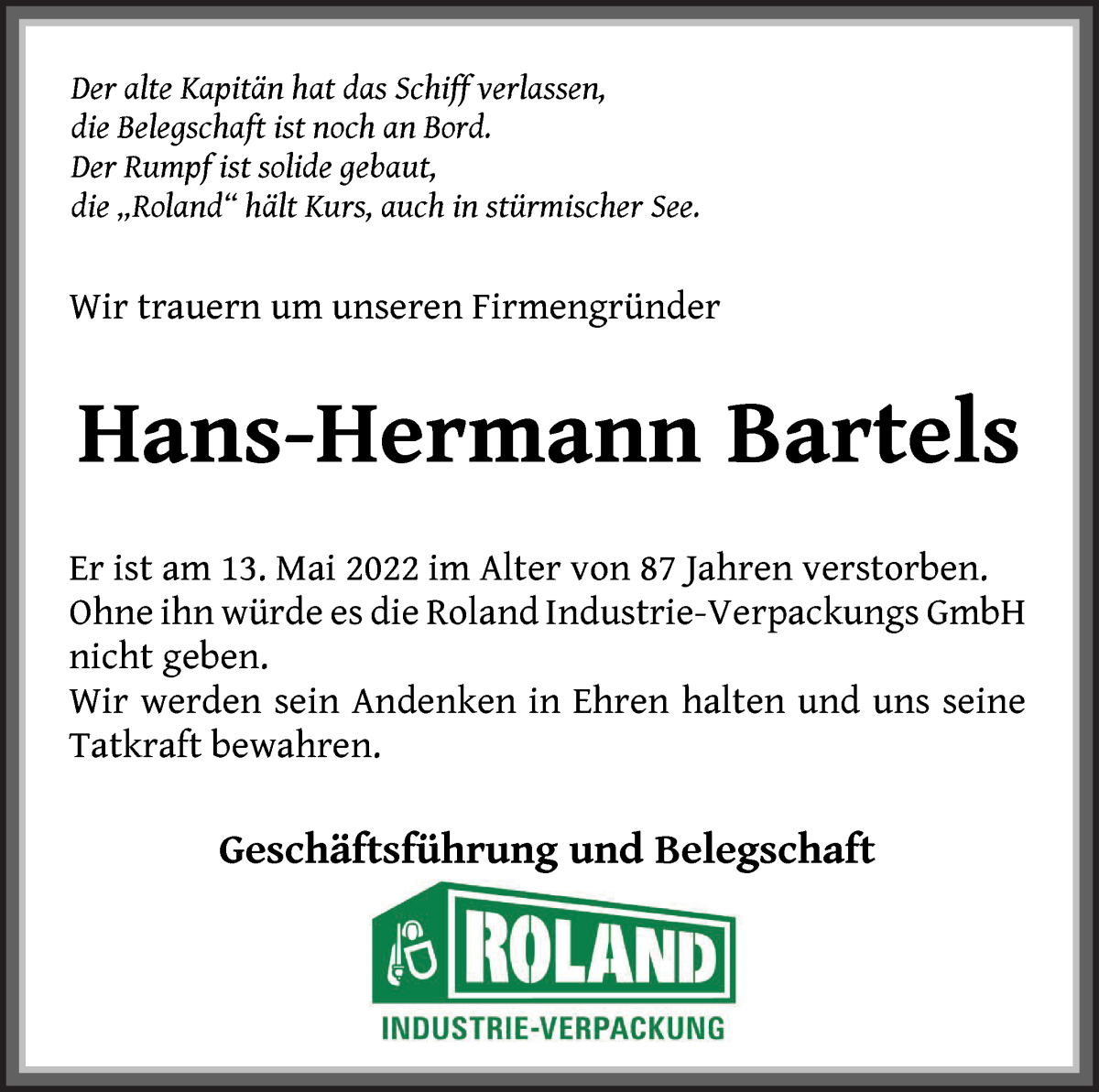 Traueranzeige von Hans-Hermann Bartels von WESER-KURIER