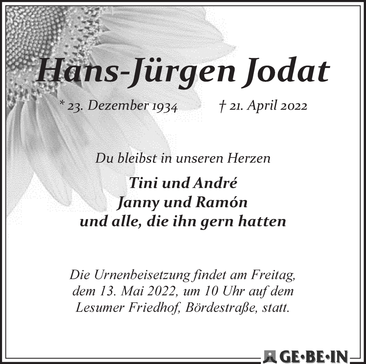  Traueranzeige für Hans-Jürgen Jodat vom 07.05.2022 aus WESER-KURIER