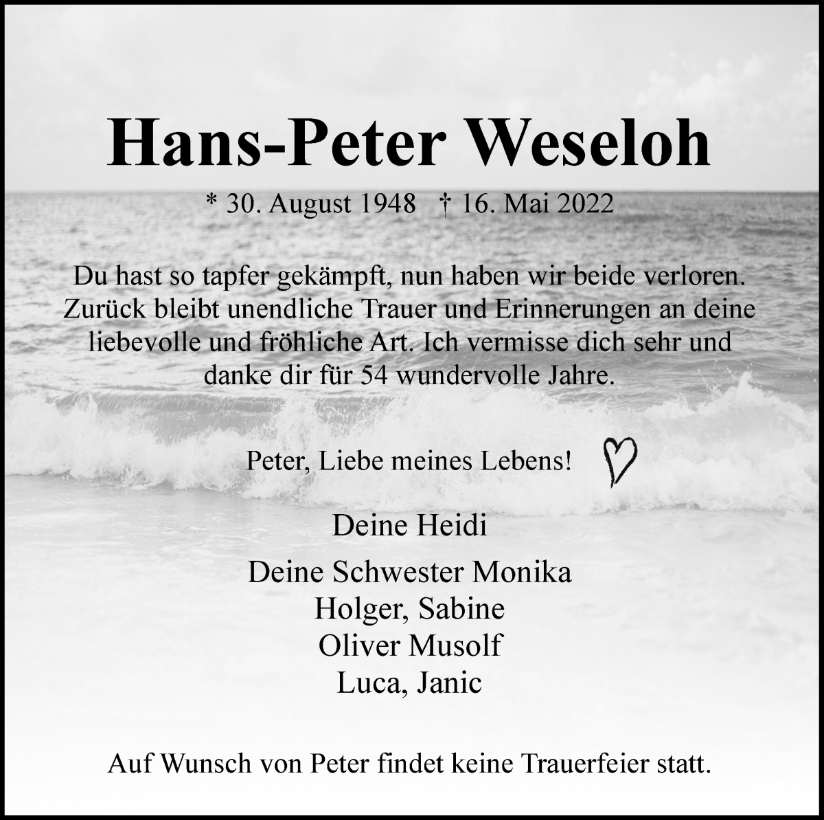 Traueranzeige von Hans-Peter Weseloh von WESER-KURIER