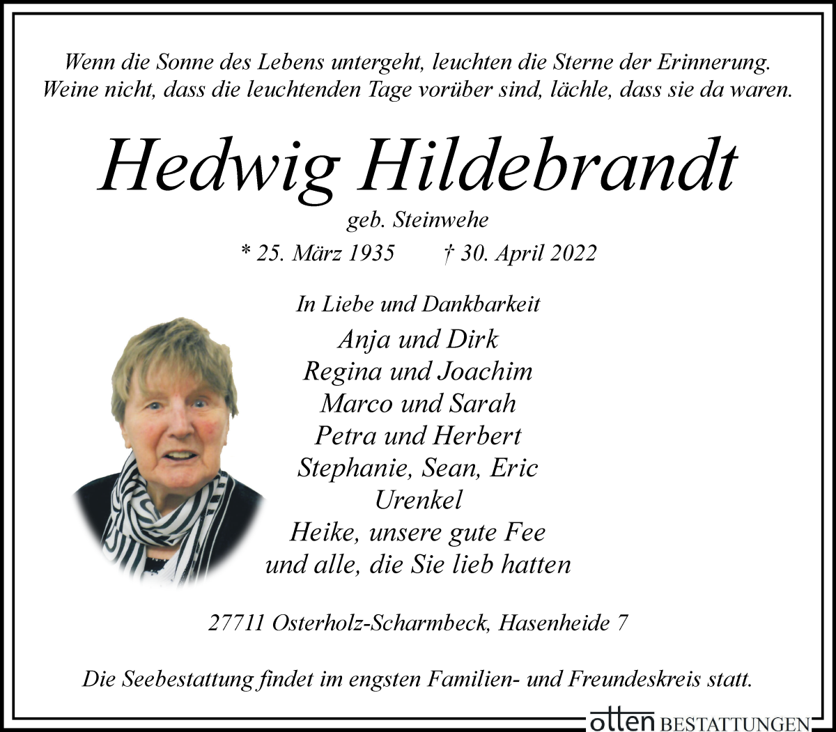  Traueranzeige für Hedwig Hildebrandt vom 04.05.2022 aus Osterholzer Kreisblatt