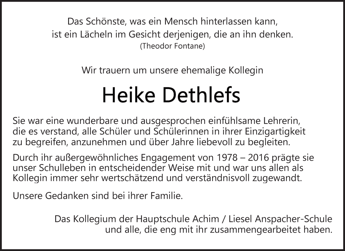  Traueranzeige für Heike Dethlefs vom 25.05.2022 aus Achimer Kurier/Verdener Nachrichten