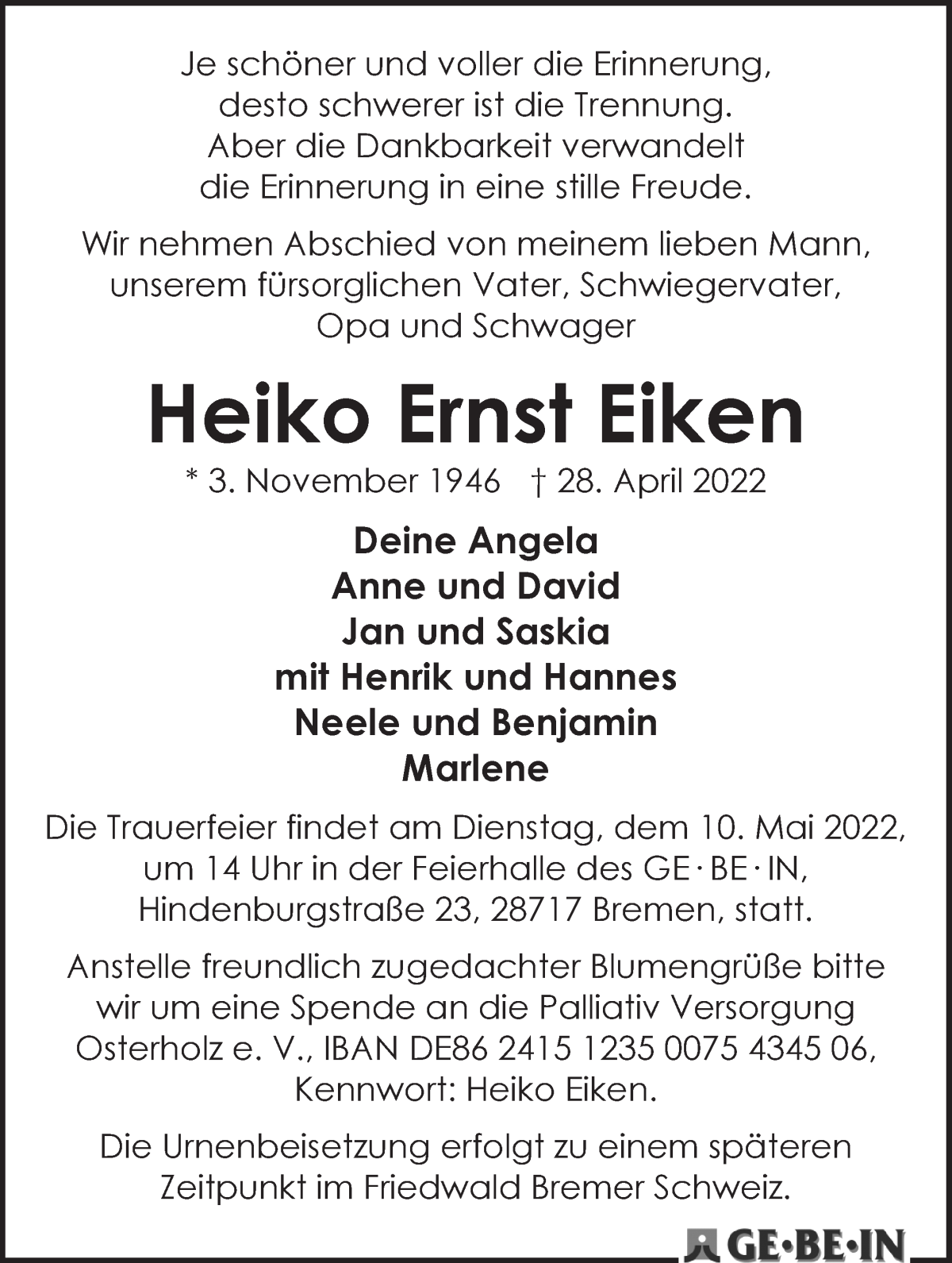  Traueranzeige für Heiko Ernst Eiken vom 04.05.2022 aus WESER-KURIER