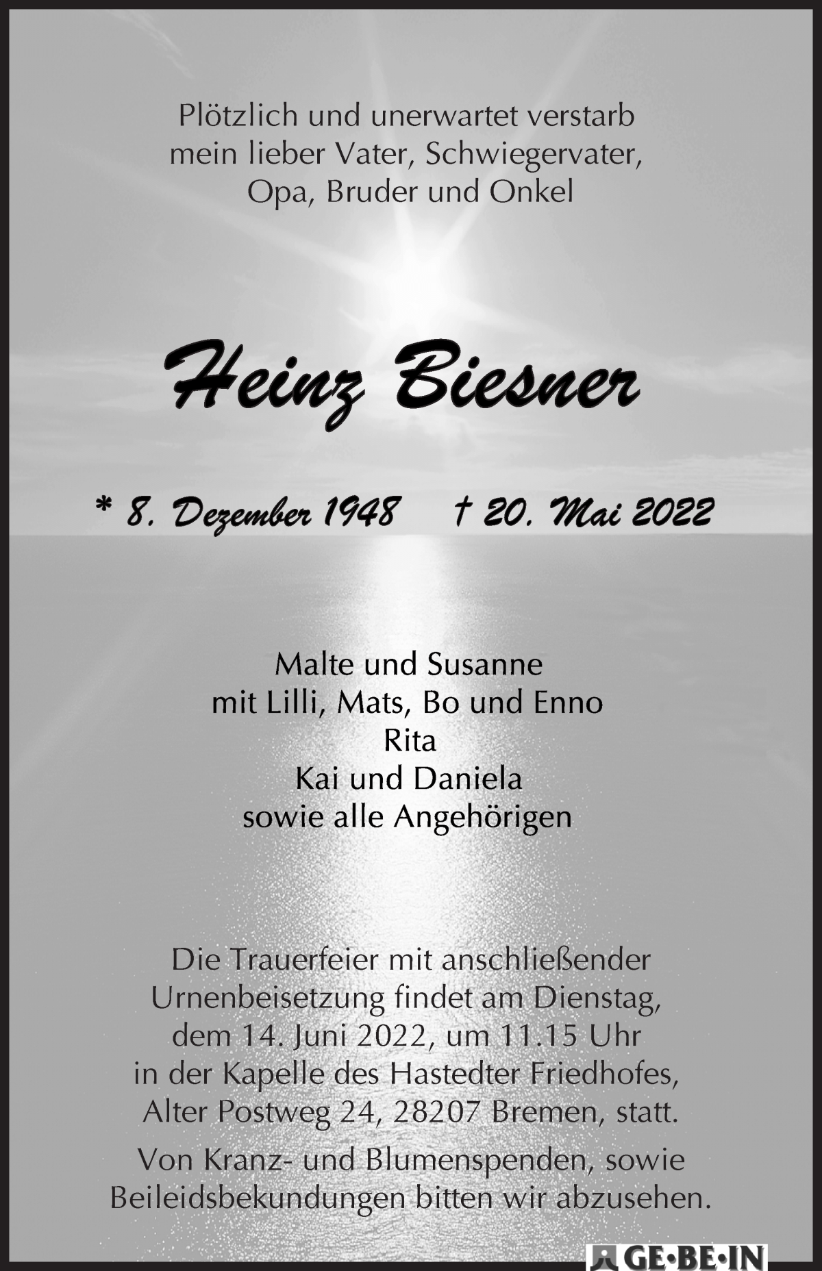  Traueranzeige für Heinz Biesner vom 28.05.2022 aus WESER-KURIER