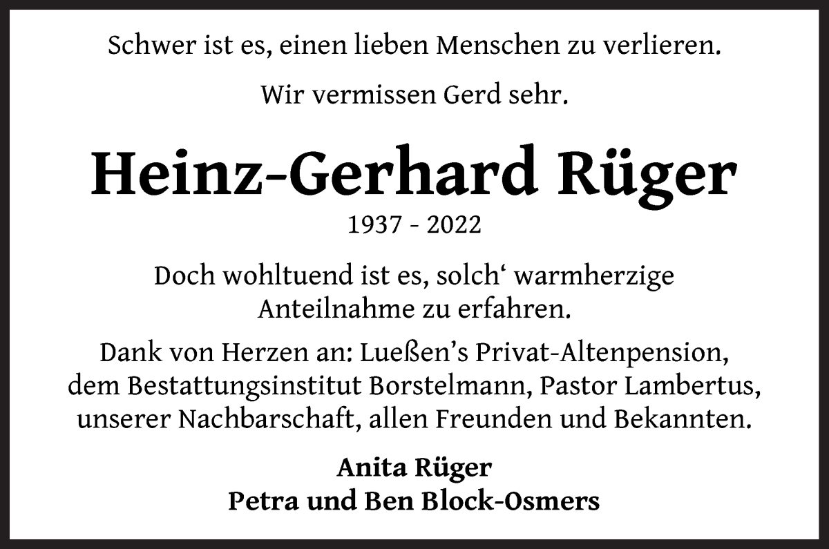  Traueranzeige für Heinz-Gerhard Rüger vom 14.05.2022 aus Achimer Kurier/Verdener Nachrichten