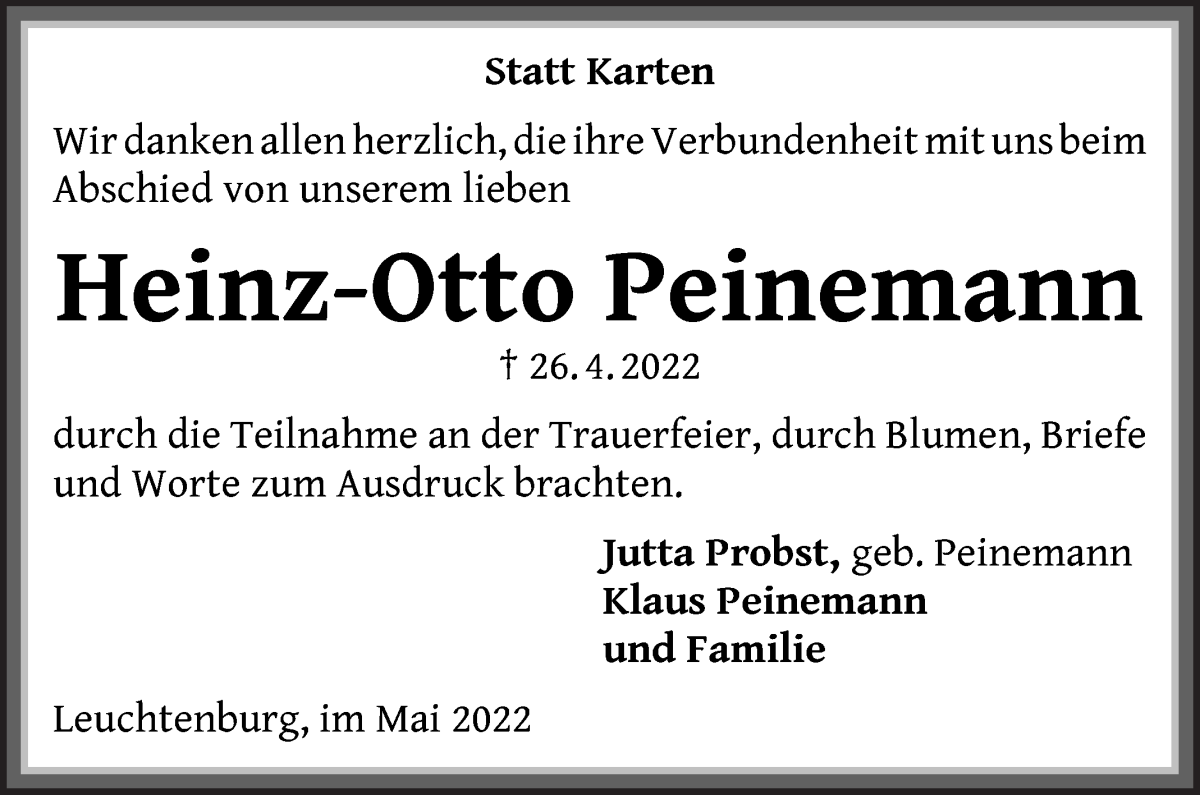 Traueranzeige von Heinz-Otto Peinemann von Die Norddeutsche