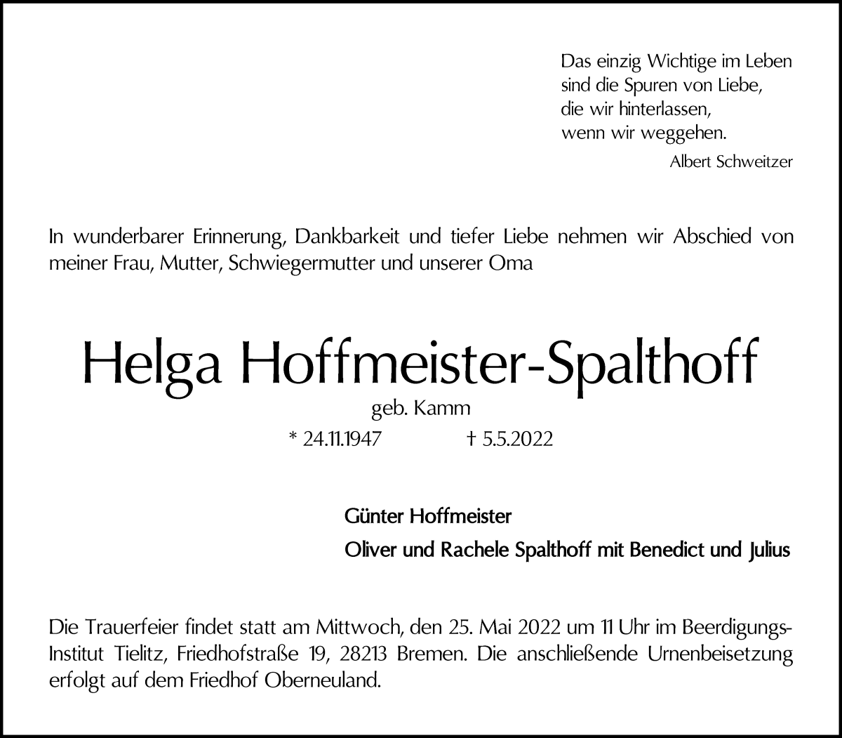  Traueranzeige für Helga Hoffmeister-Spalthoff vom 14.05.2022 aus WESER-KURIER