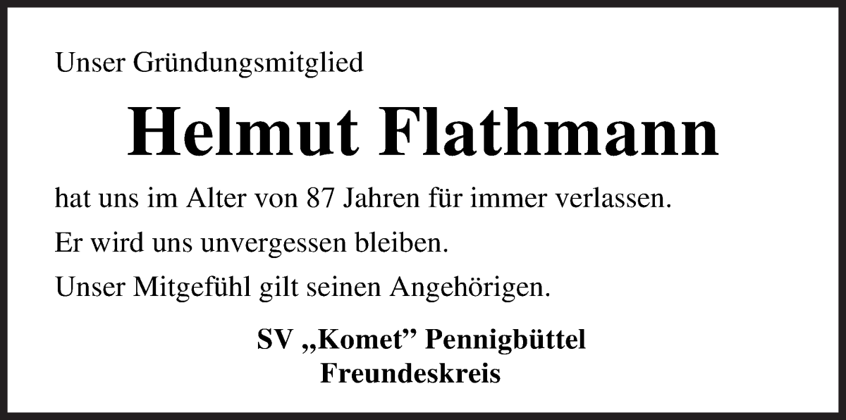 Traueranzeige von Helmut Flathmann von Osterholzer Kreisblatt