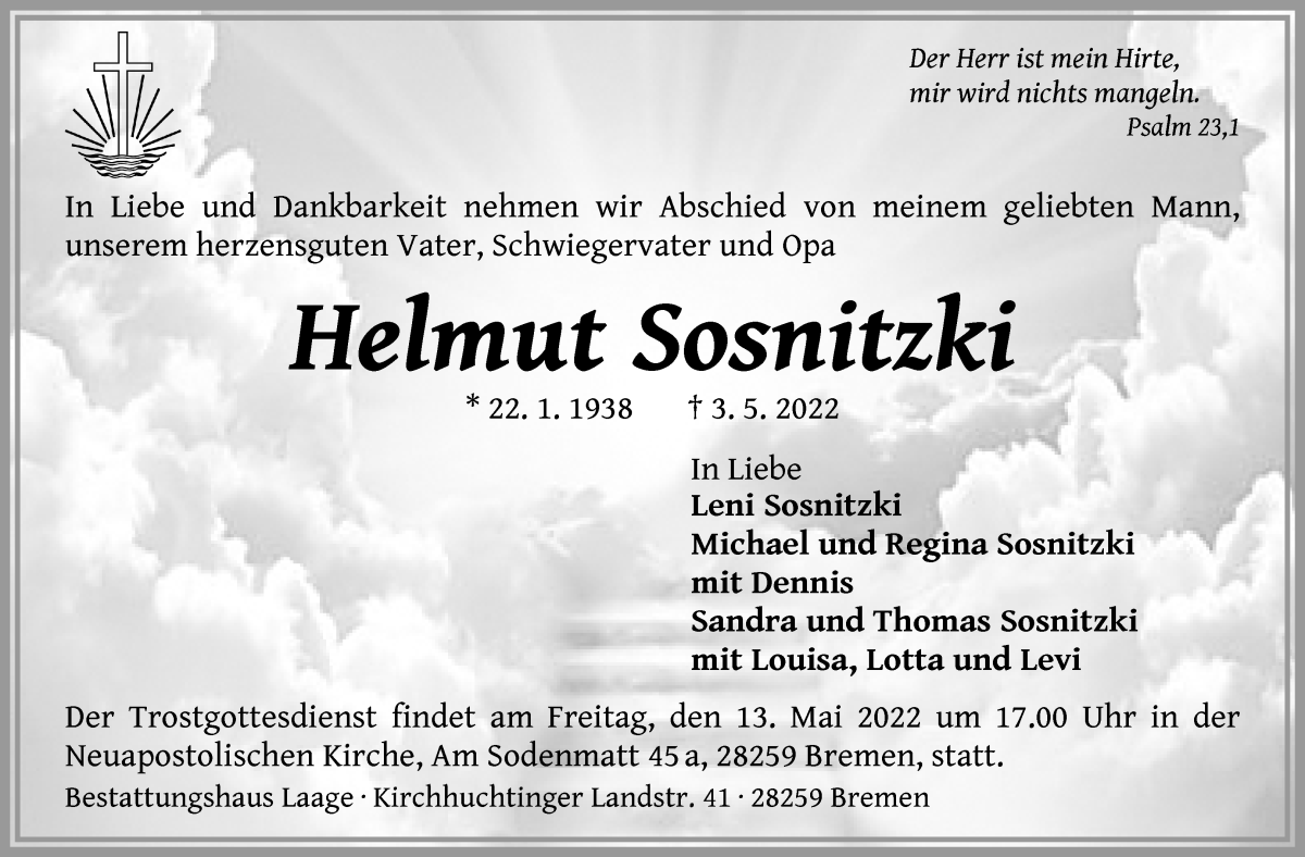 Traueranzeige von Helmut Sosnitzki von WESER-KURIER