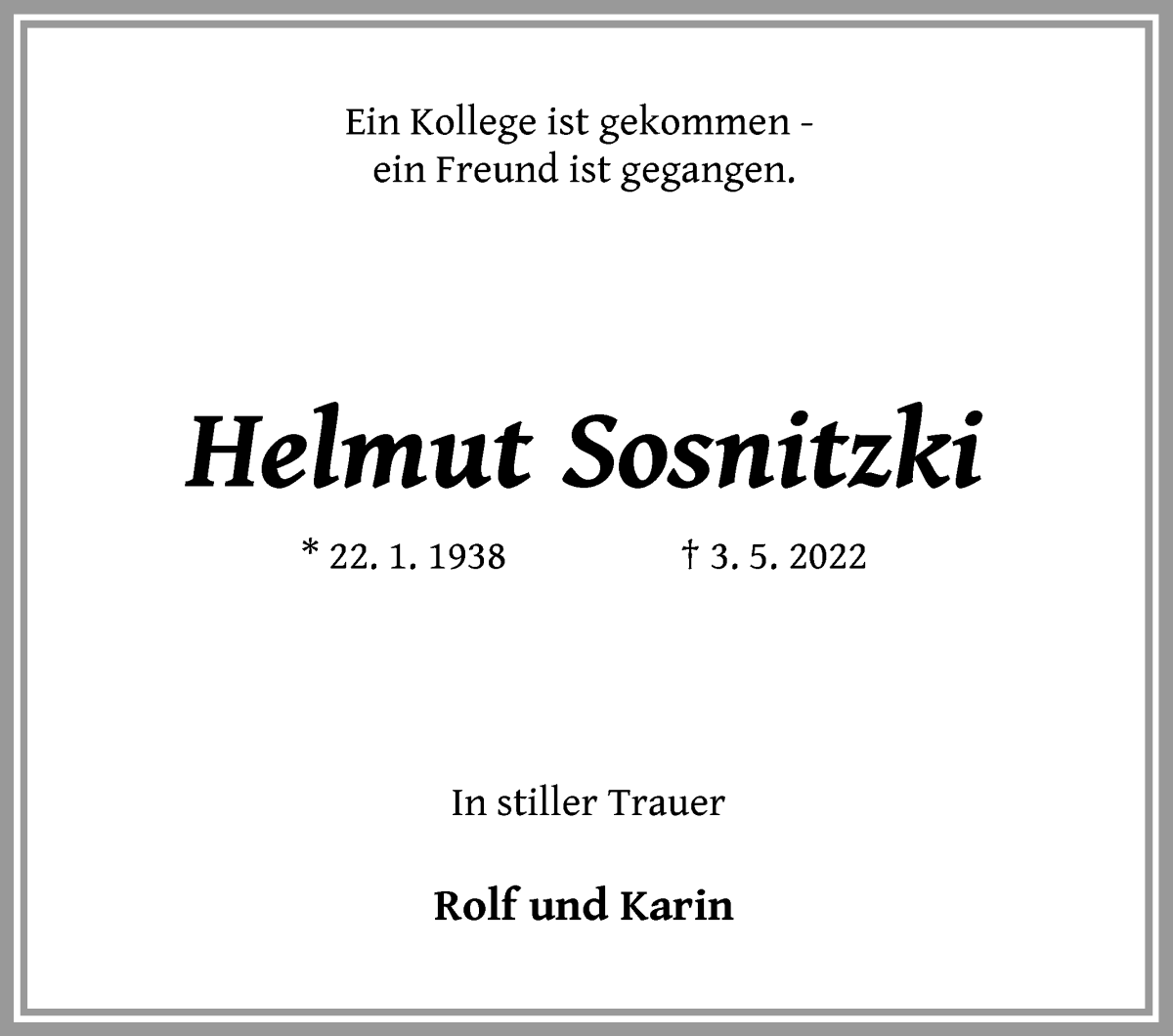 Traueranzeige von Helmut Sosnitzki von WESER-KURIER