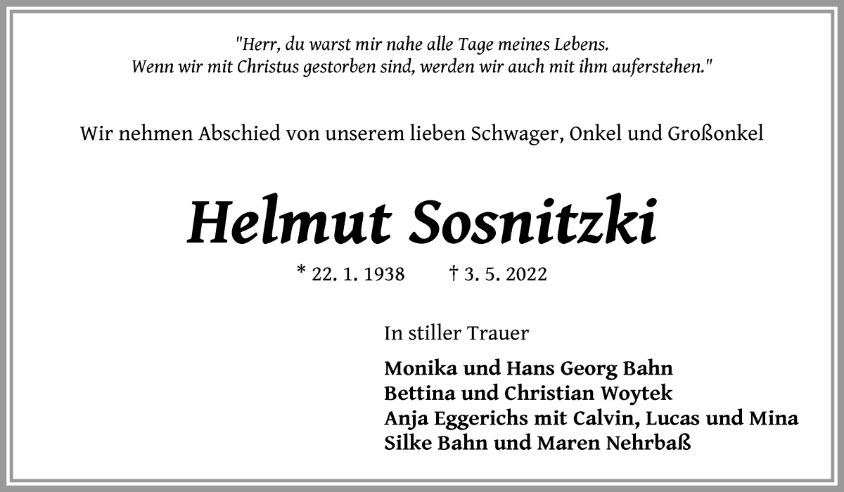 Traueranzeige von Helmut Sosnitzki von WESER-KURIER