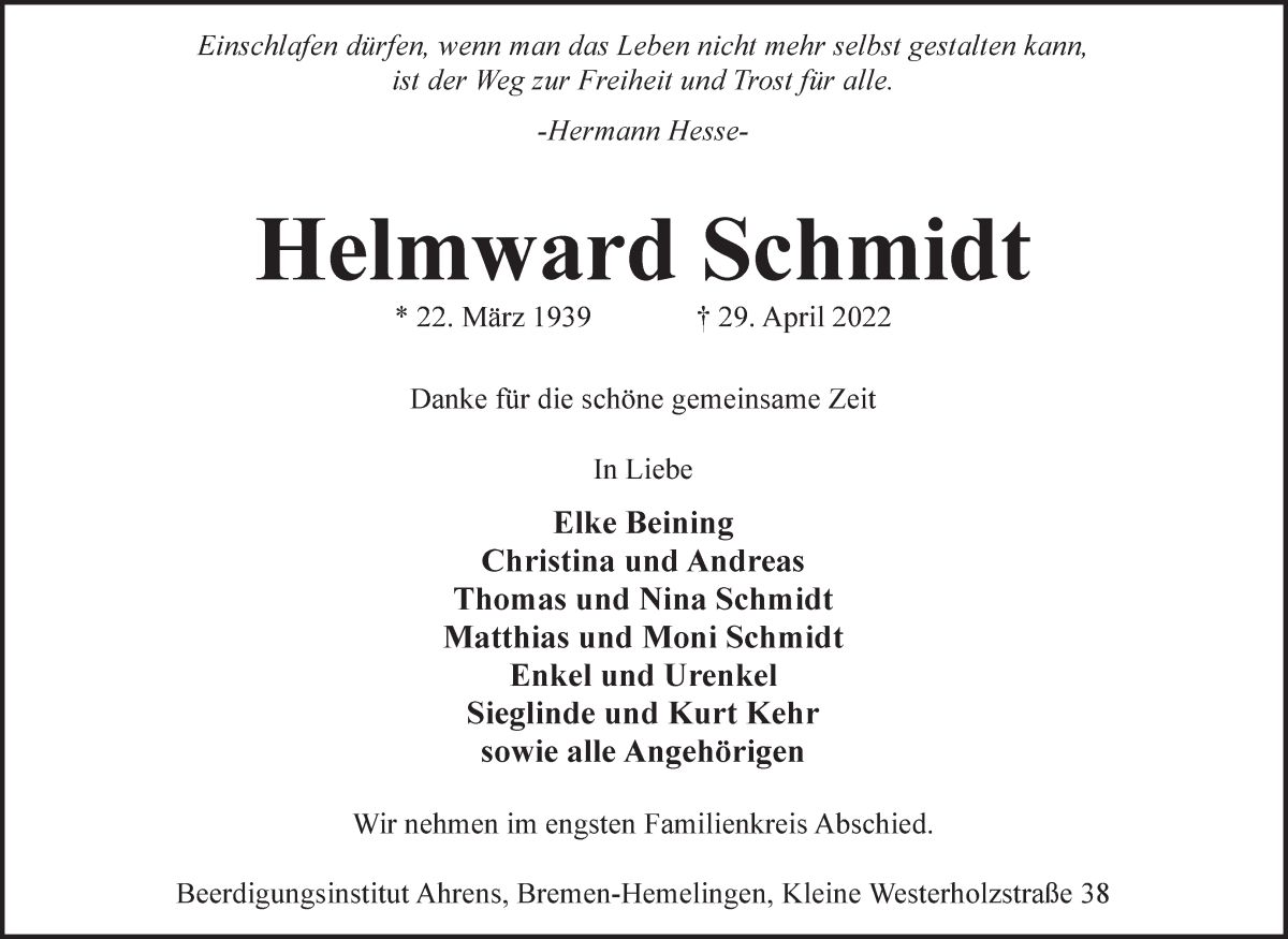  Traueranzeige für Helmward Schmidt vom 07.05.2022 aus WESER-KURIER