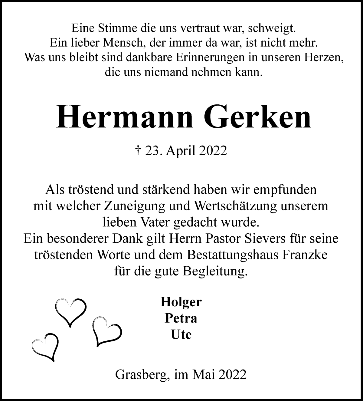  Traueranzeige für Hermann Gerken vom 21.05.2022 aus Wuemme Zeitung