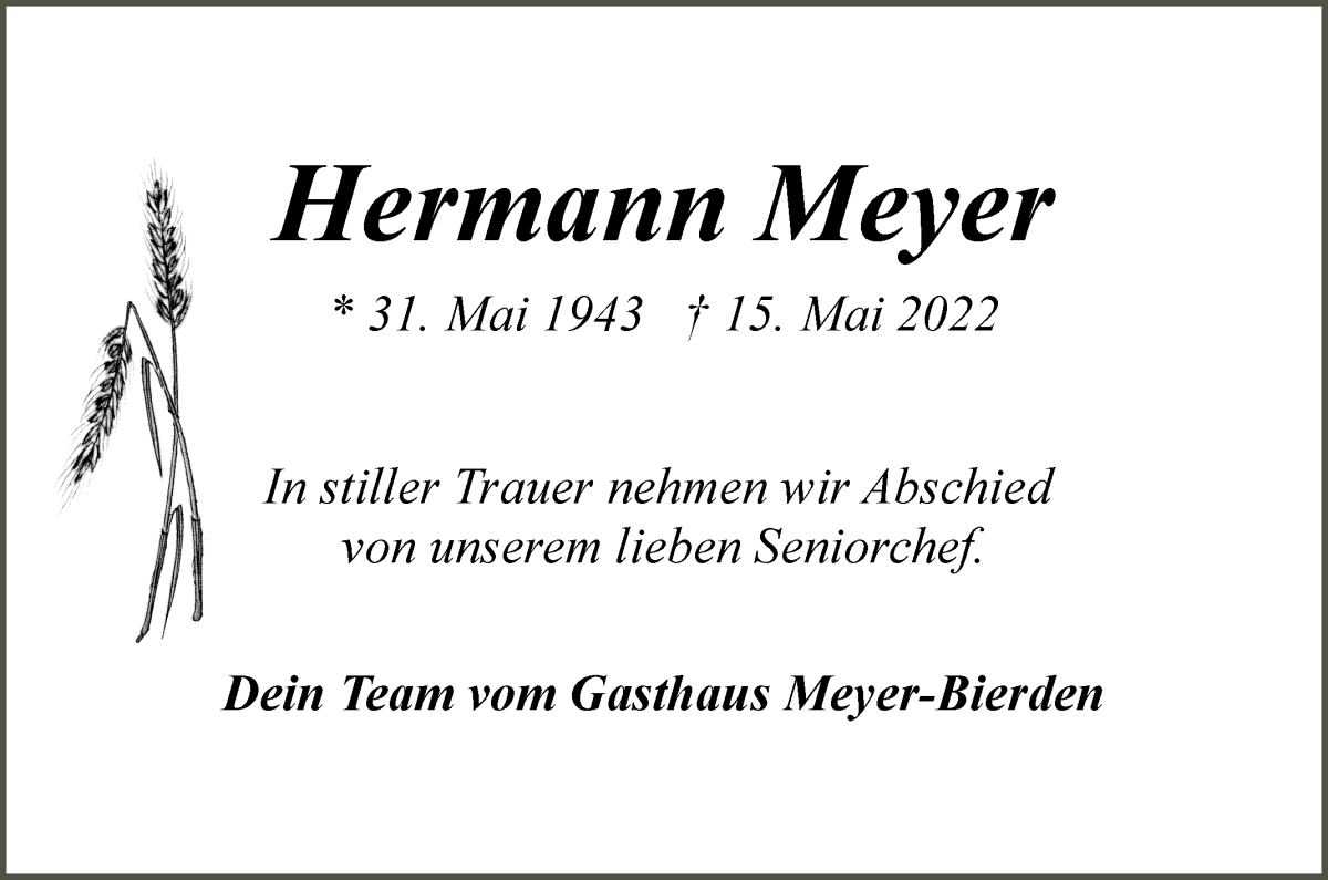 Traueranzeige für Hermann Meyer vom 19.05.2022 aus Achimer Kurier/Verdener Nachrichten