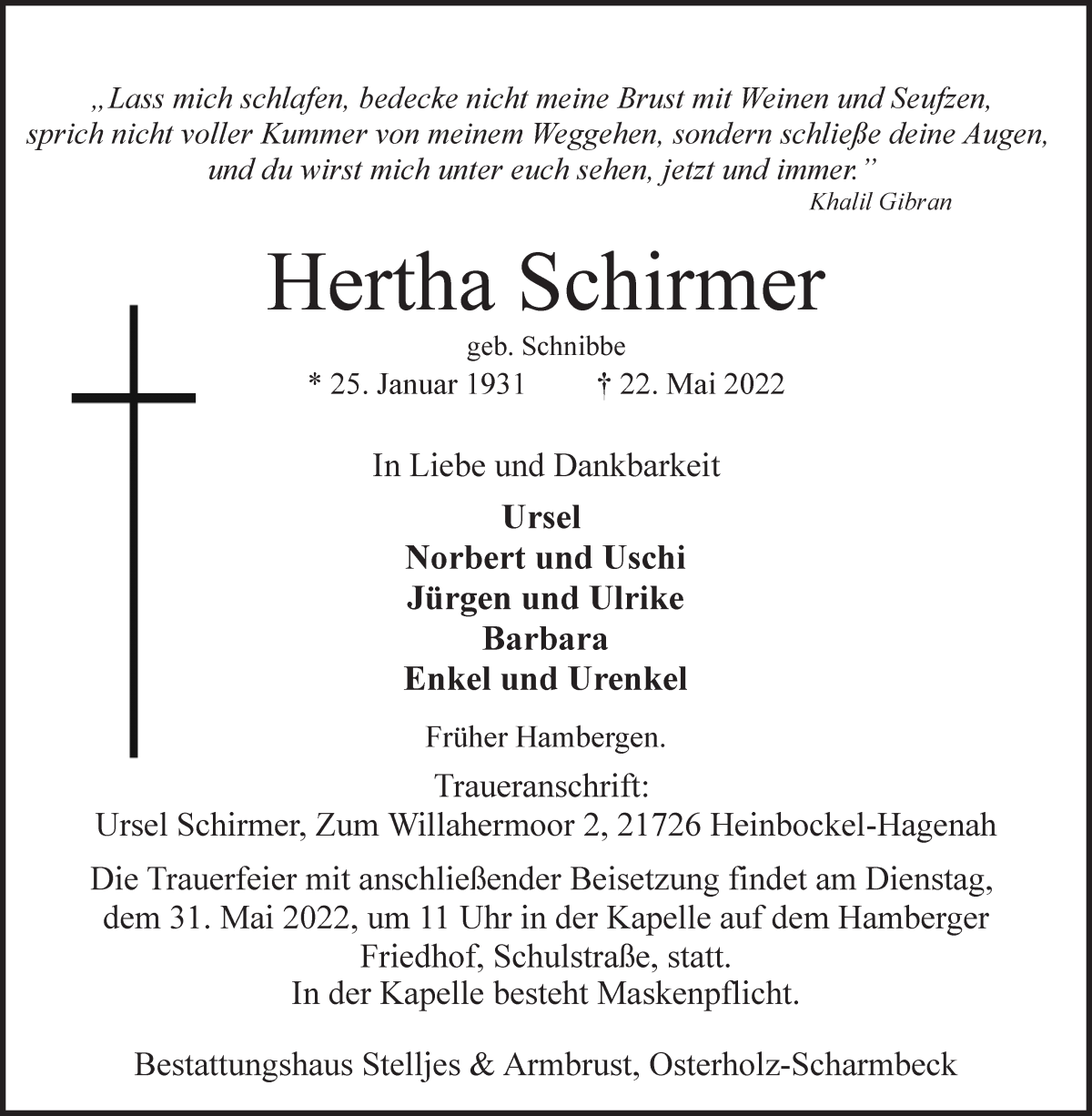 Traueranzeige von Hertha Schirmer von Osterholzer Kreisblatt