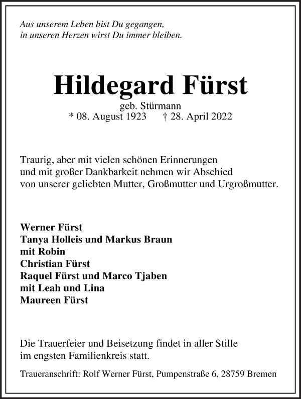 Traueranzeige von Hildegard Fürst von Die Norddeutsche