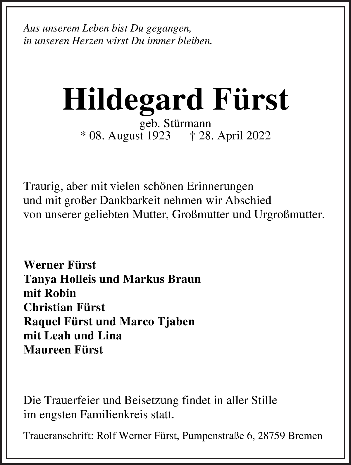  Traueranzeige für Hildegard Fürst vom 07.05.2022 aus Die Norddeutsche