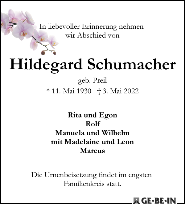 Traueranzeige von Hildegard Schumacher von WESER-KURIER