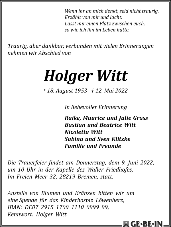 Traueranzeige von Holger Witt von WESER-KURIER