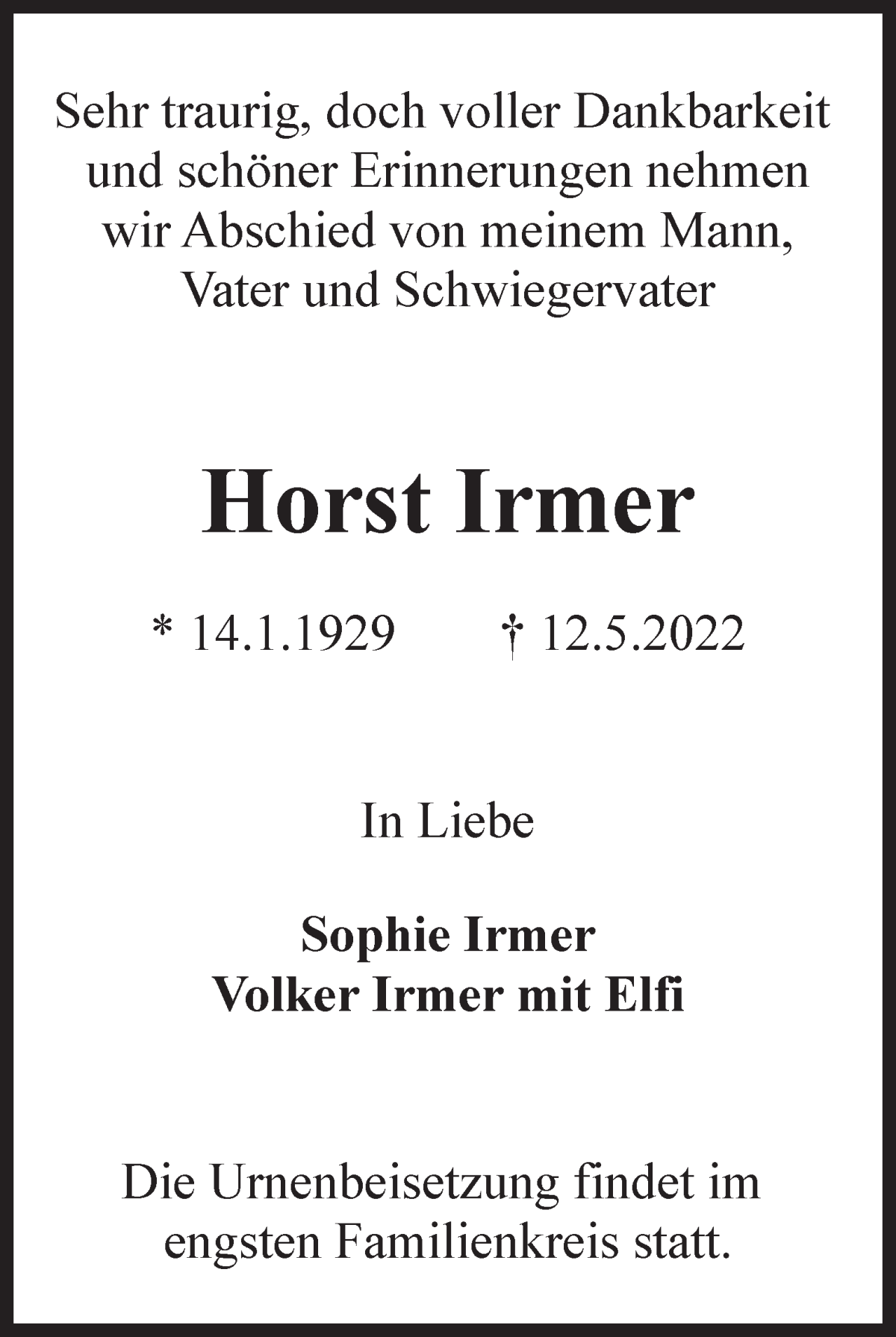 Traueranzeige von Horst Irmer von WESER-KURIER