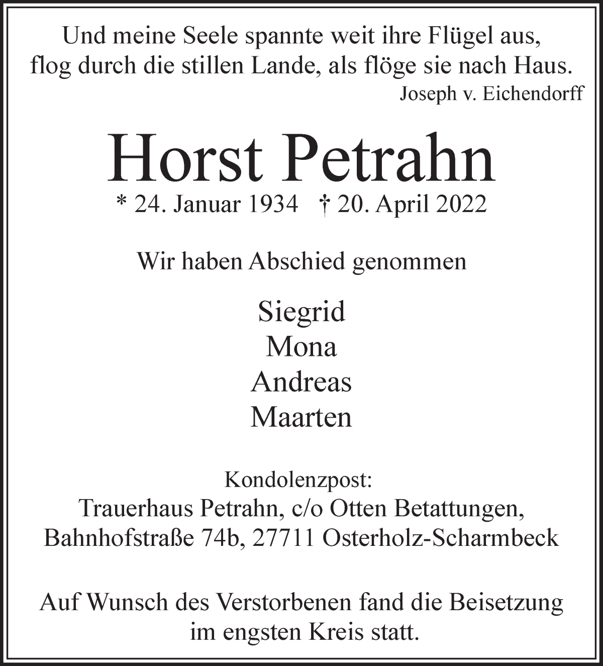  Traueranzeige für Horst Petrahn vom 21.05.2022 aus Osterholzer Kreisblatt