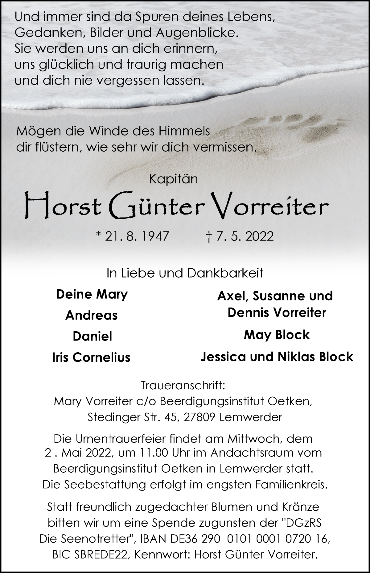  Traueranzeige für Horst Günter Vorreiter vom 14.05.2022 aus WESER-KURIER
