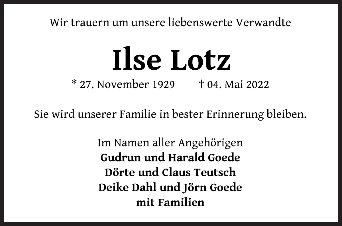  Traueranzeige für Ilse Lotz vom 14.05.2022 aus WESER-KURIER