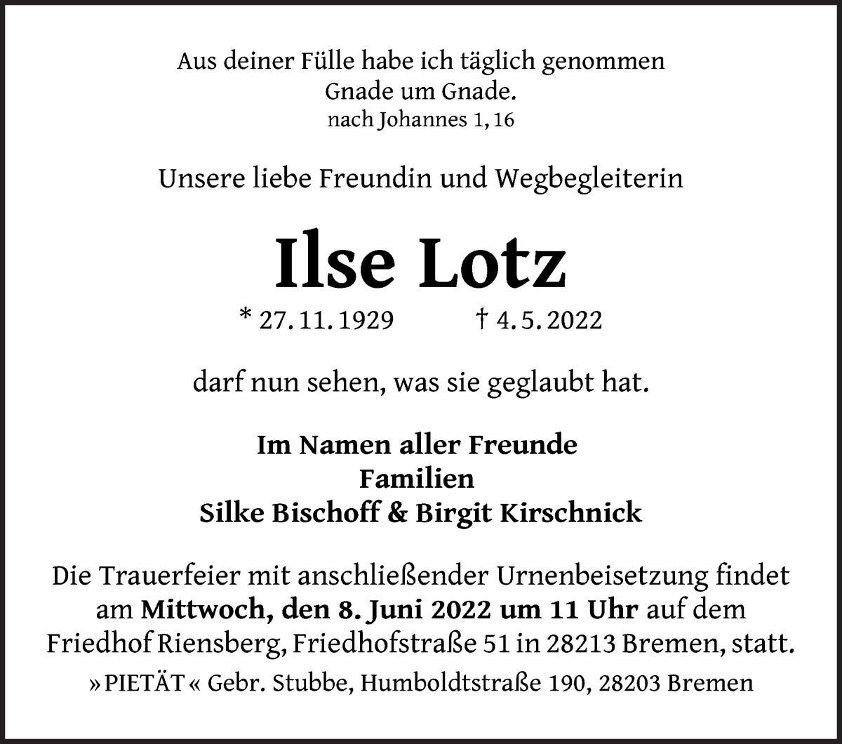  Traueranzeige für Ilse Lotz vom 18.05.2022 aus WESER-KURIER