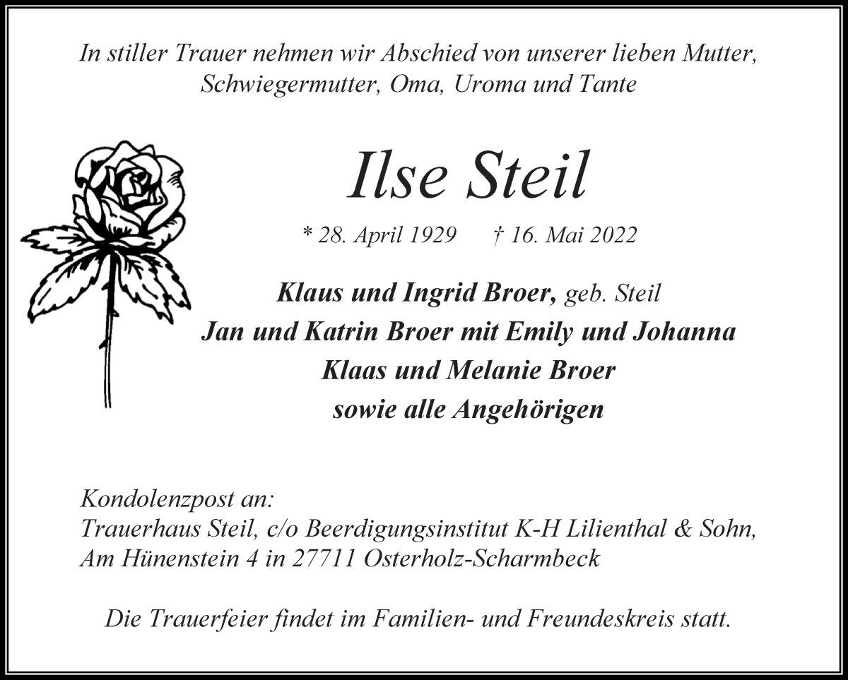 Traueranzeige von Ilse Steil von Osterholzer Kreisblatt