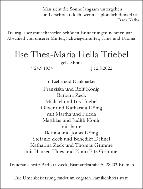 Traueranzeige von Ilse Thea-Maria Hella Triebel von WESER-KURIER