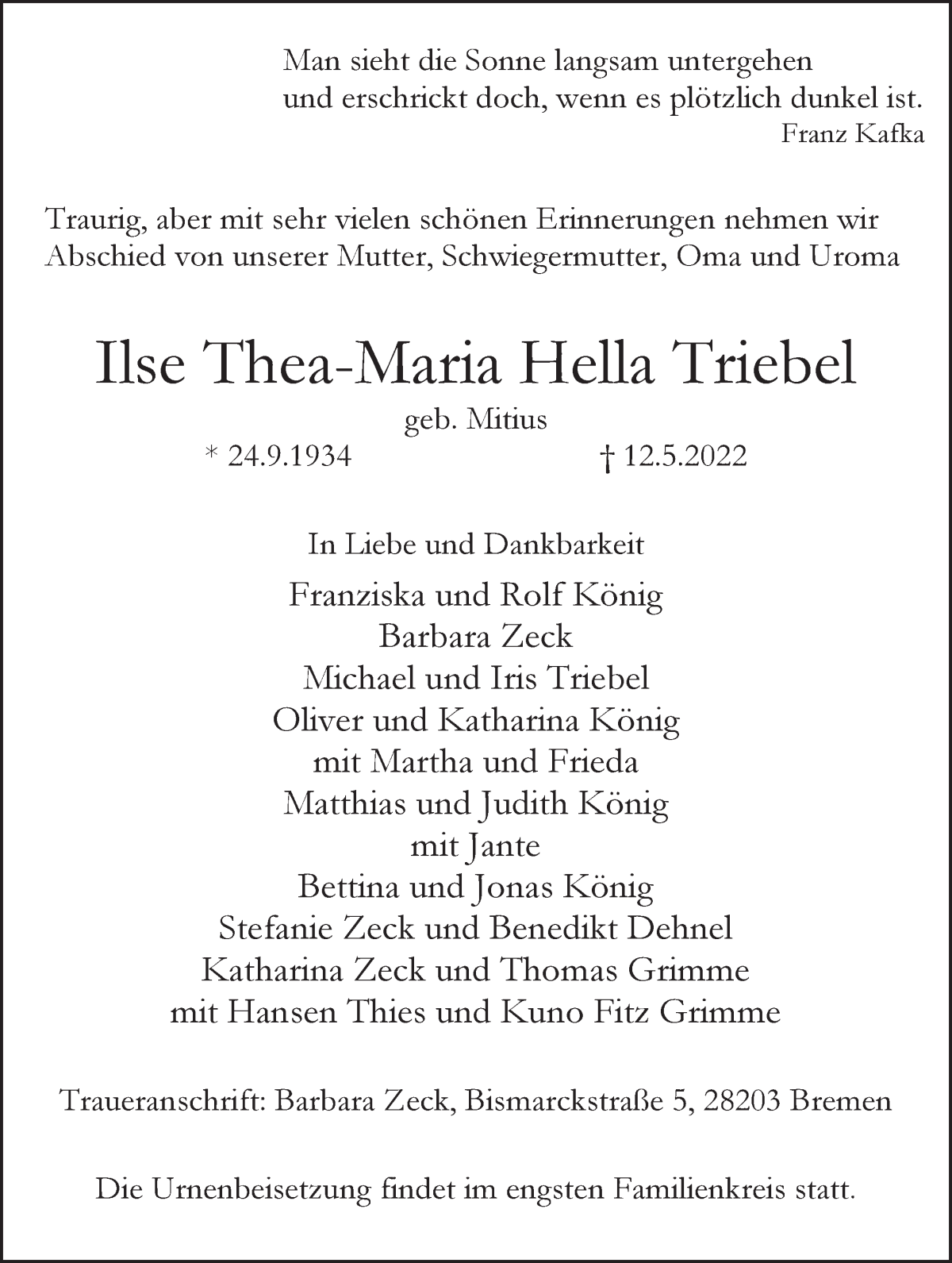  Traueranzeige für Ilse Thea-Maria Hella Triebel vom 21.05.2022 aus WESER-KURIER