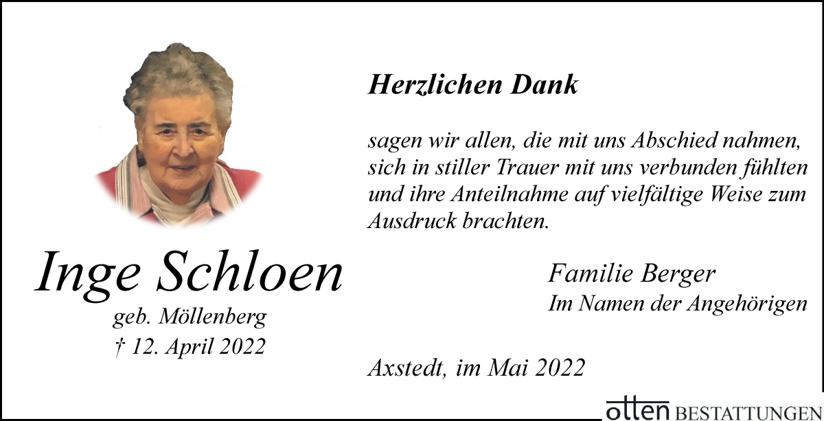  Traueranzeige für Inge Schloen vom 21.05.2022 aus Osterholzer Kreisblatt