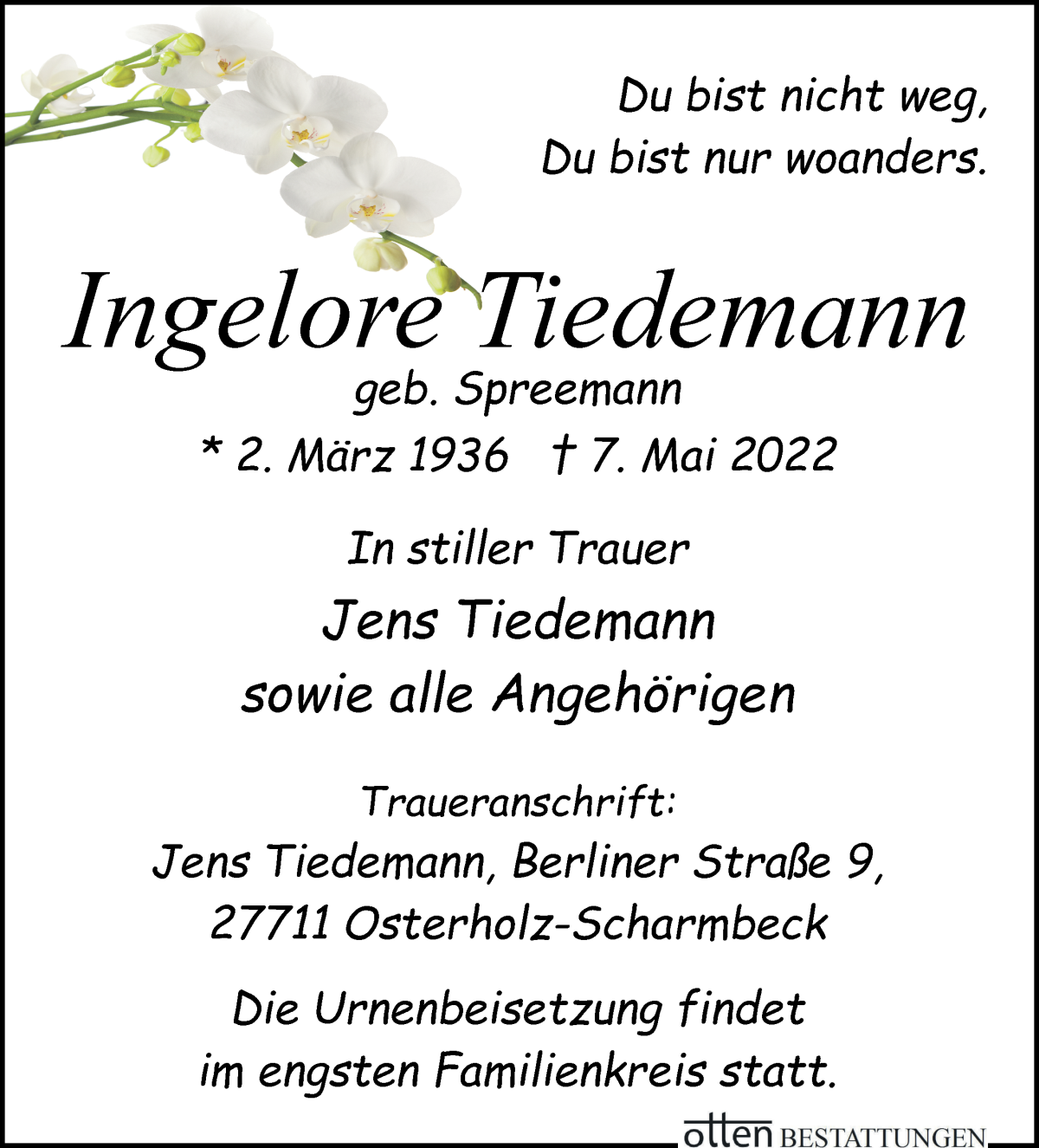  Traueranzeige für Ingelore Tiedemann vom 13.05.2022 aus Osterholzer Kreisblatt