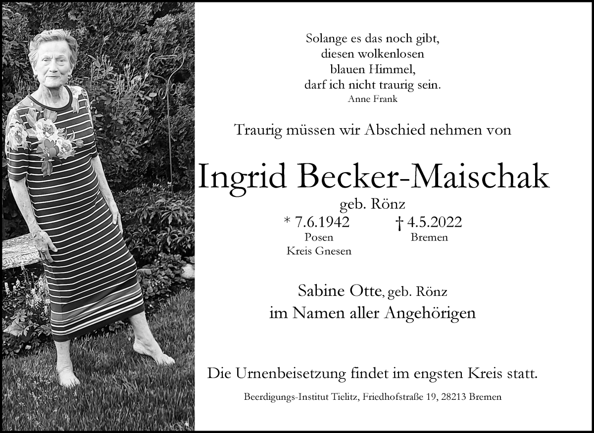  Traueranzeige für Ingrid Becker-Maischak vom 11.05.2022 aus WESER-KURIER