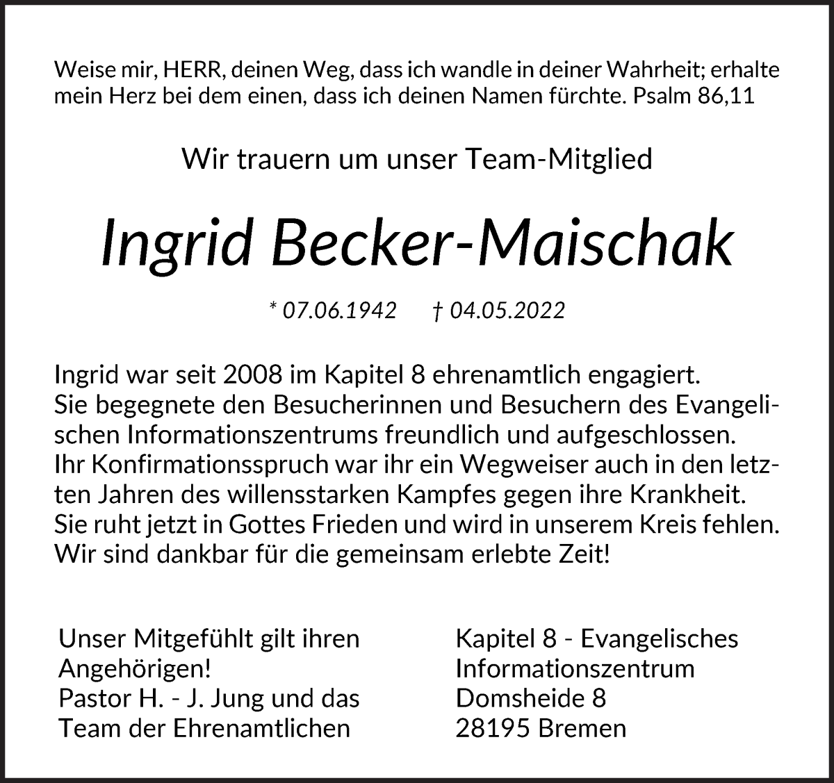  Traueranzeige für Ingrid Becker-Maischak vom 07.05.2022 aus WESER-KURIER