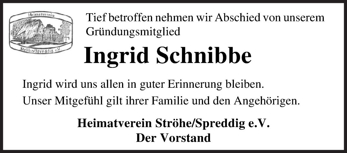  Traueranzeige für Ingrid Schnibbe vom 21.05.2022 aus Osterholzer Kreisblatt