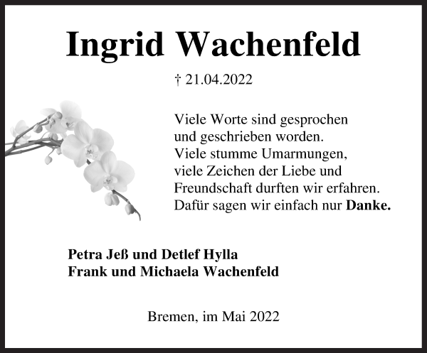 Traueranzeige von Ingrid Wachenfeld