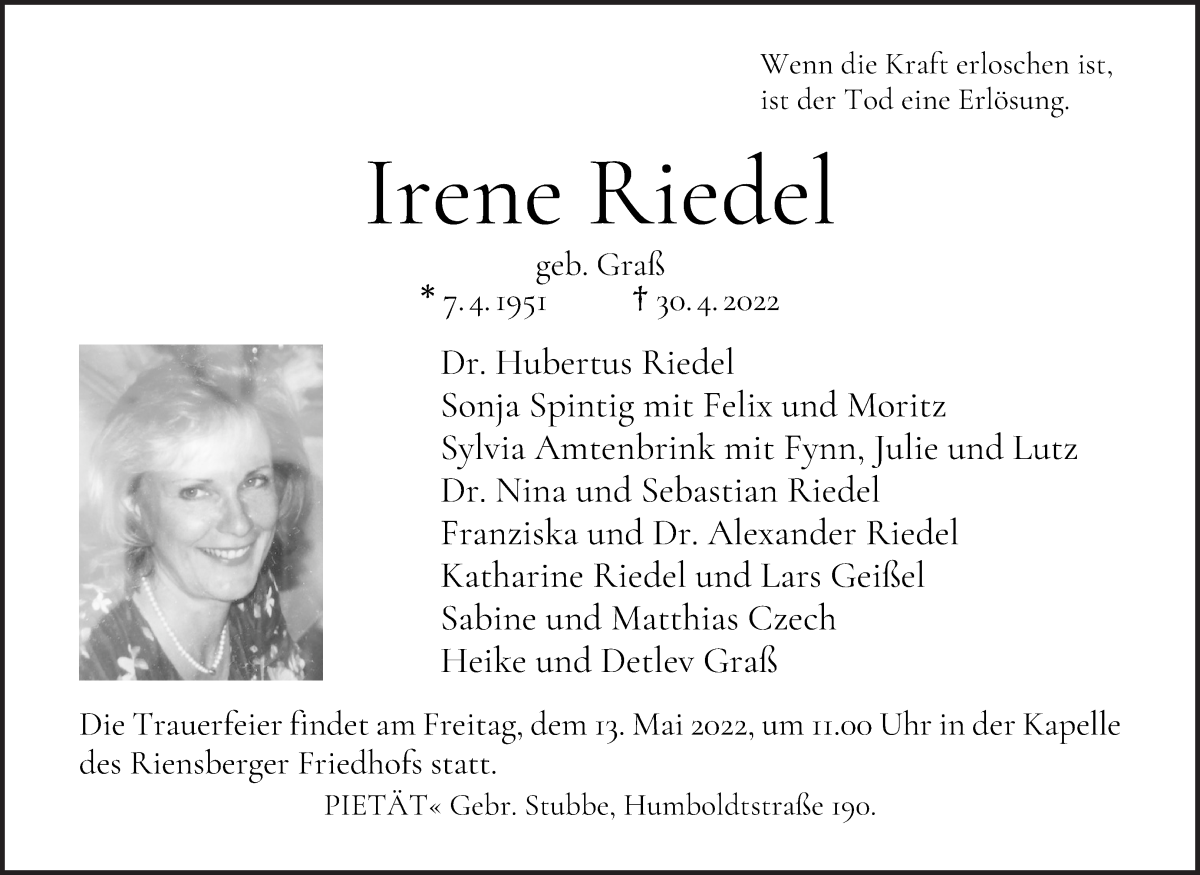  Traueranzeige für Irene Riedel vom 07.05.2022 aus WESER-KURIER