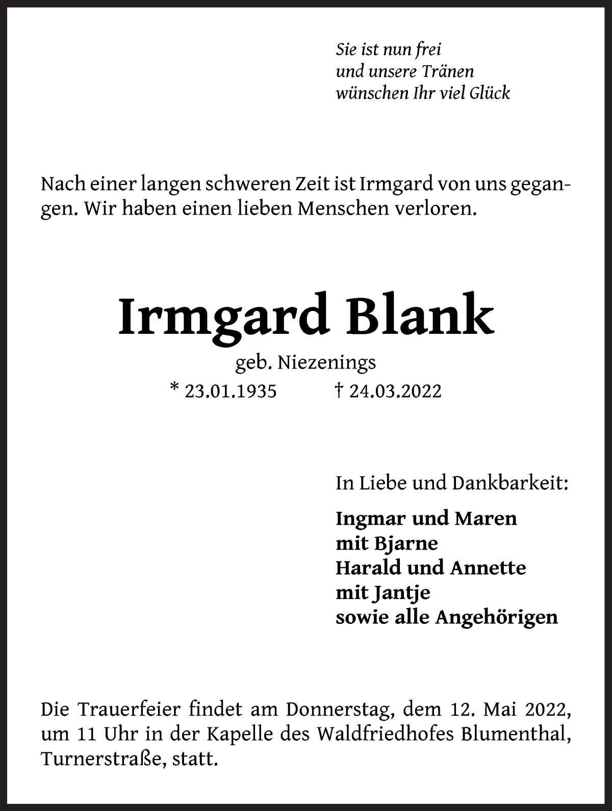 Traueranzeige von Irmgard Blank von Die Norddeutsche
