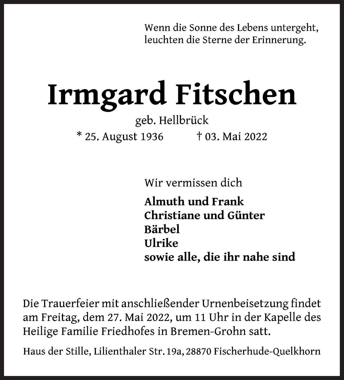  Traueranzeige für Irmgard Fitschen vom 14.05.2022 aus Die Norddeutsche
