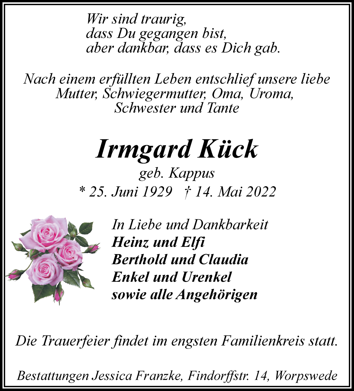  Traueranzeige für Irmgard Kück vom 18.05.2022 aus Wuemme Zeitung