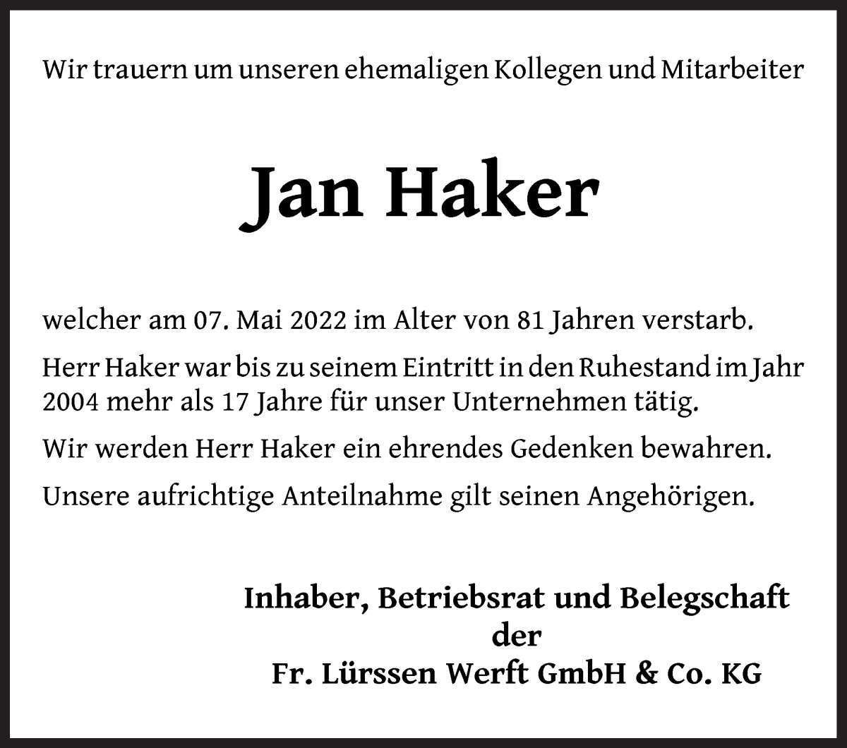  Traueranzeige für Jan Haker vom 14.05.2022 aus Die Norddeutsche