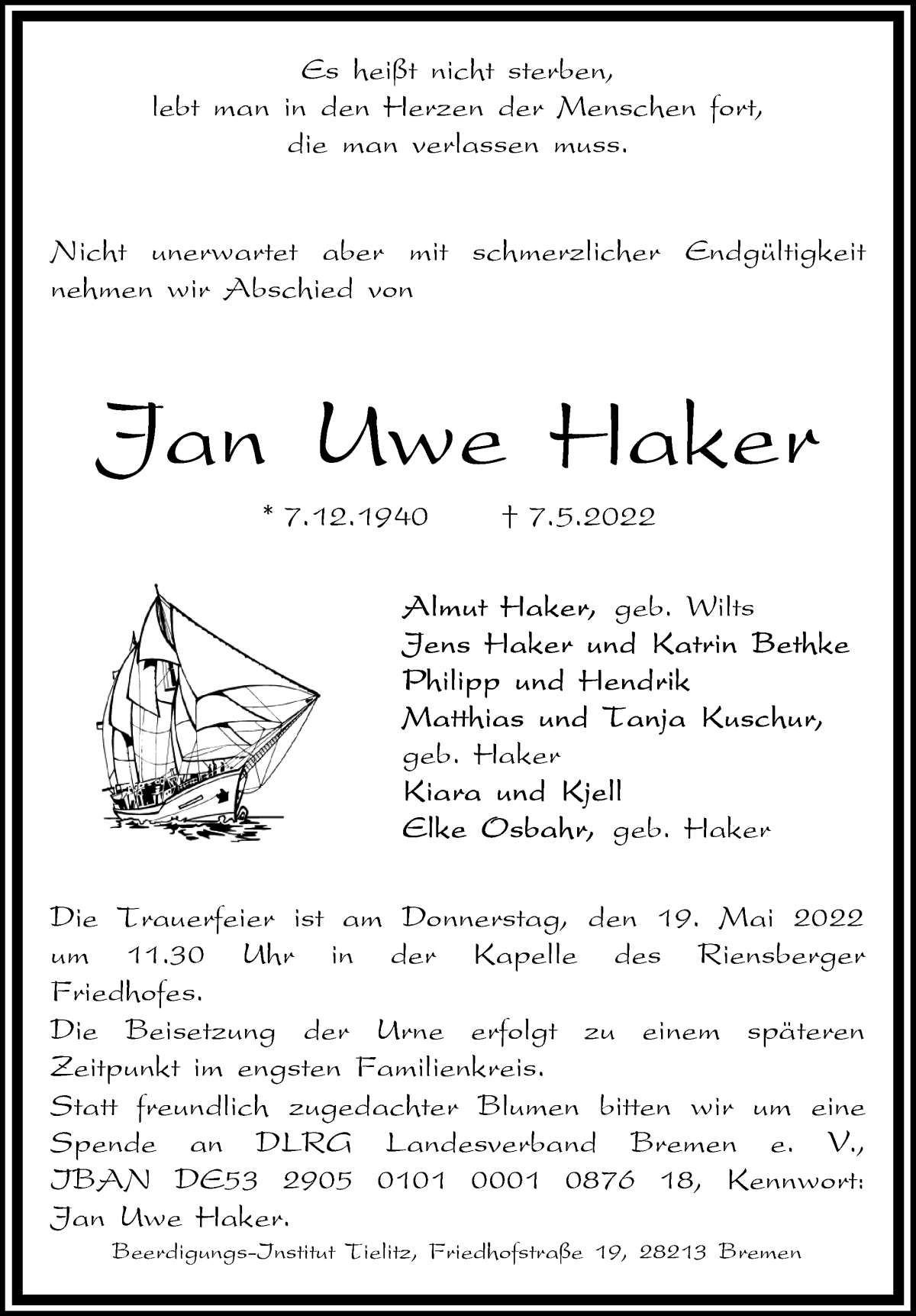 Traueranzeige für Jan Haker vom 14.05.2022 aus WESER-KURIER