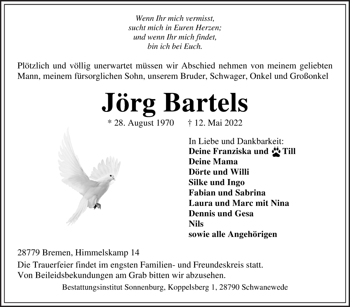 Traueranzeige von Jörg Bartels von Die Norddeutsche